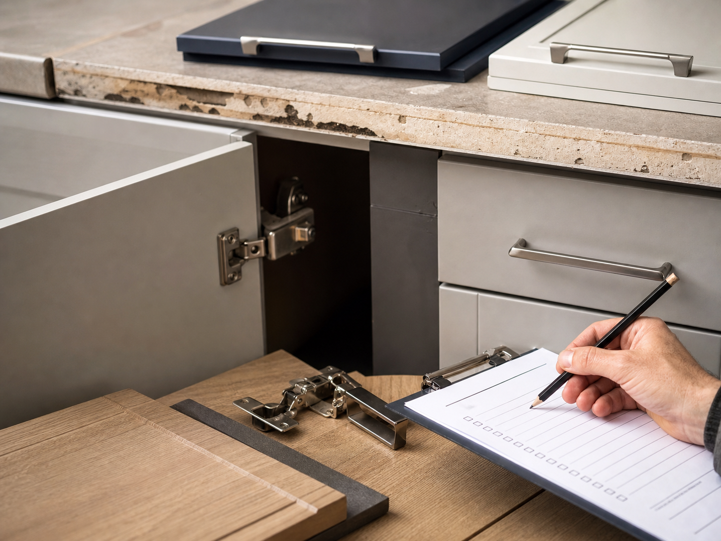 Keukenfronten, werkbladstaal en meetlint voor renovatiekeuze